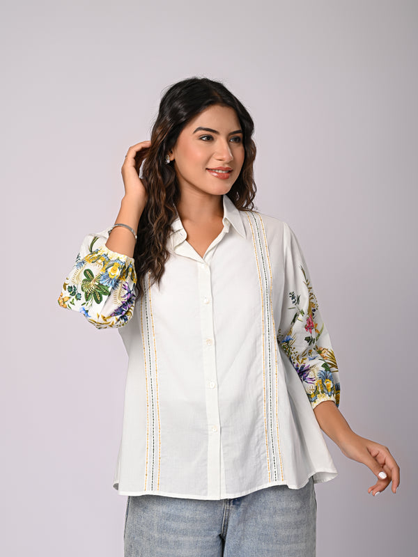 White Cotton Shirt with Multicolor Embroidered Balloon Sleeves