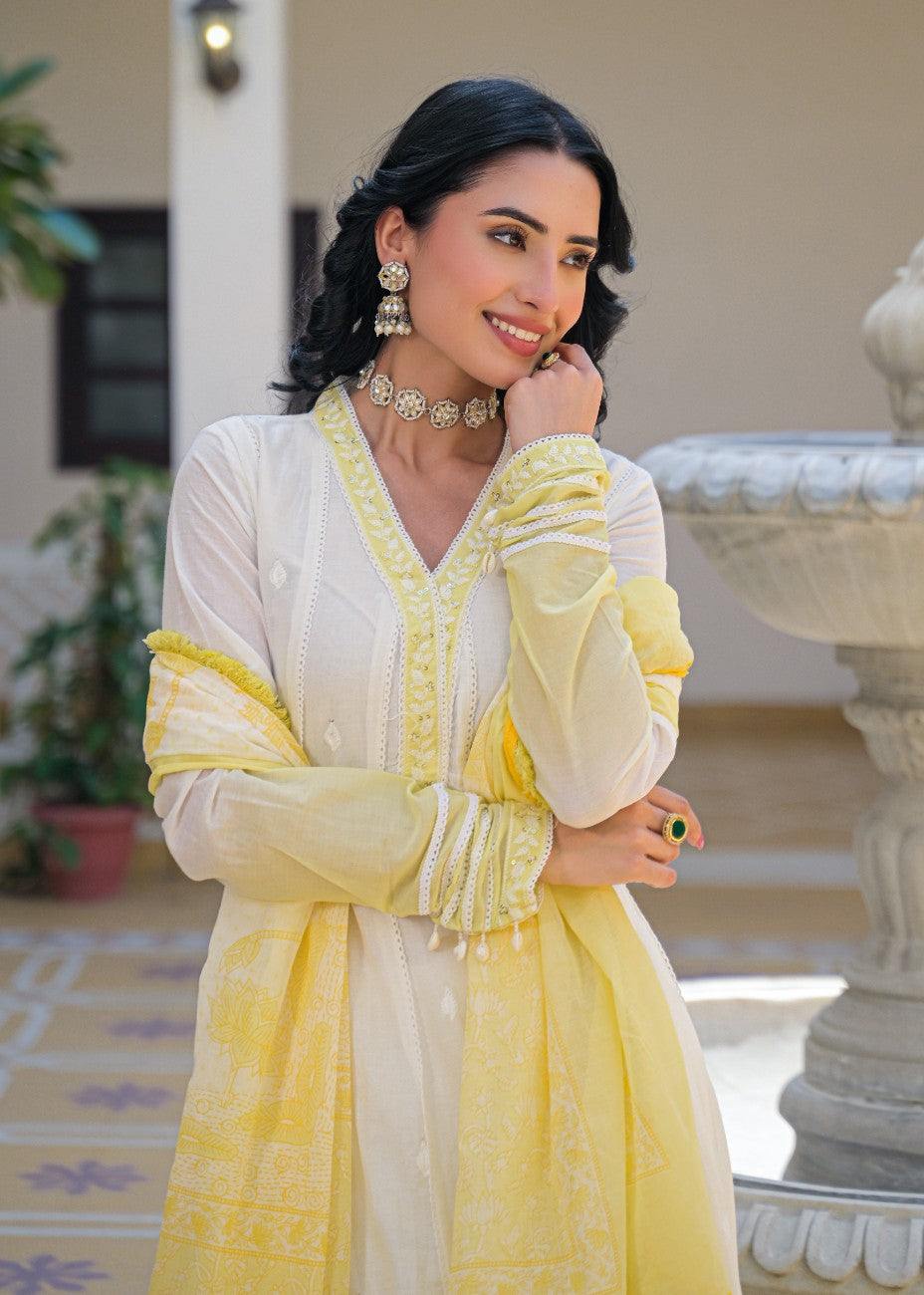 Ivory & Sunshine Yellow Embroidered Anarkali Suit Set