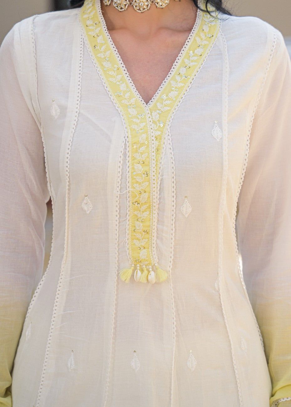 Ivory & Sunshine Yellow Embroidered Anarkali Suit Set