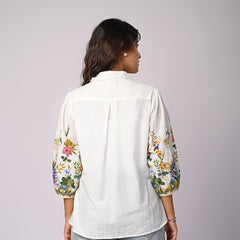 White Cotton Shirt with Multicolor Embroidered Balloon Sleeves