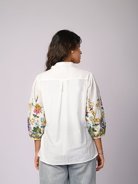 White Cotton Shirt with Multicolor Embroidered Balloon Sleeves