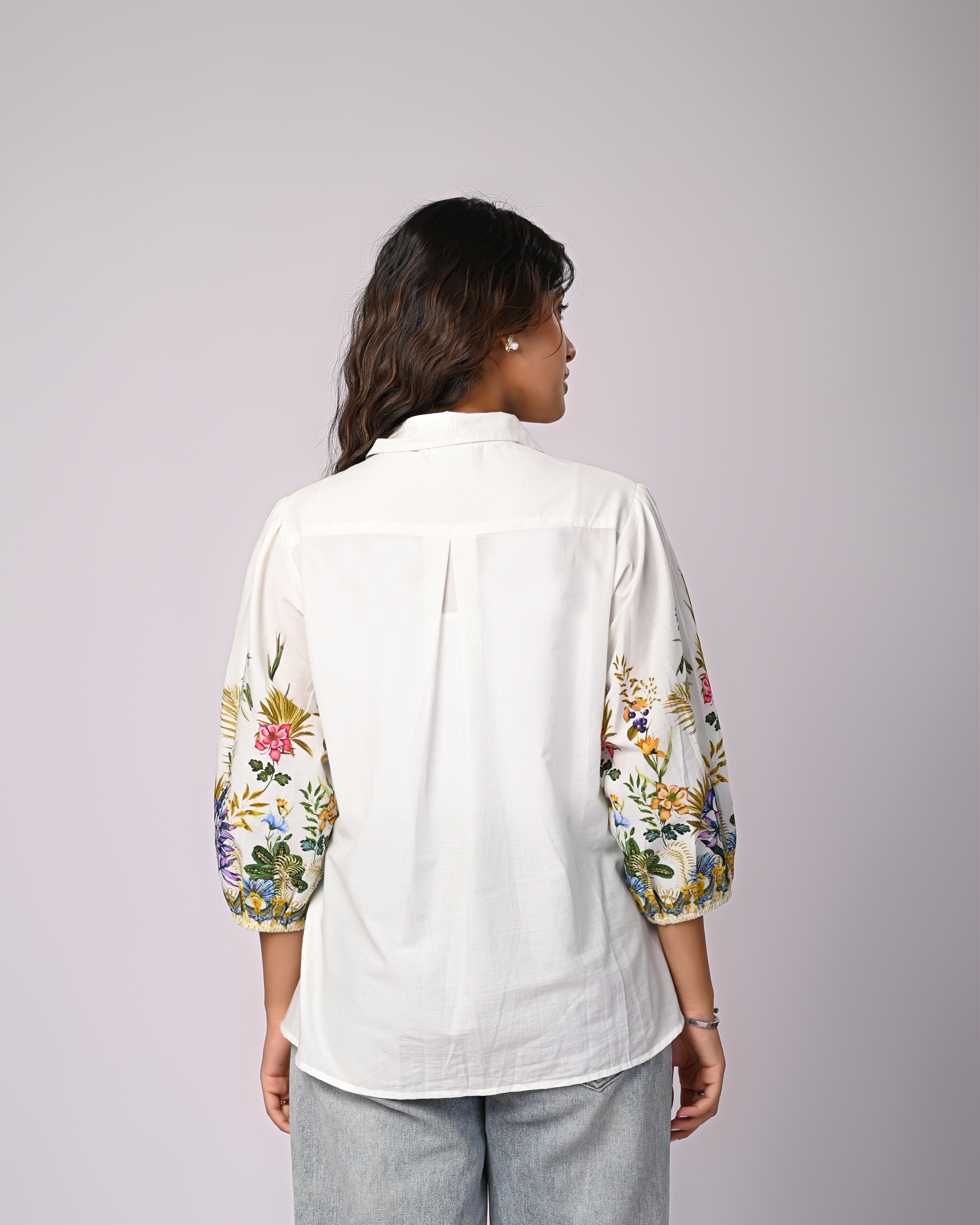 White Cotton Shirt with Multicolor Embroidered Balloon Sleeves