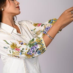 White Cotton Shirt with Multicolor Embroidered Balloon Sleeves