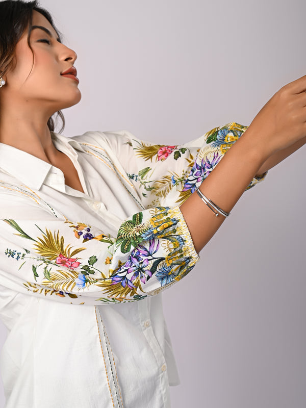 White Cotton Shirt with Multicolor Embroidered Balloon Sleeves