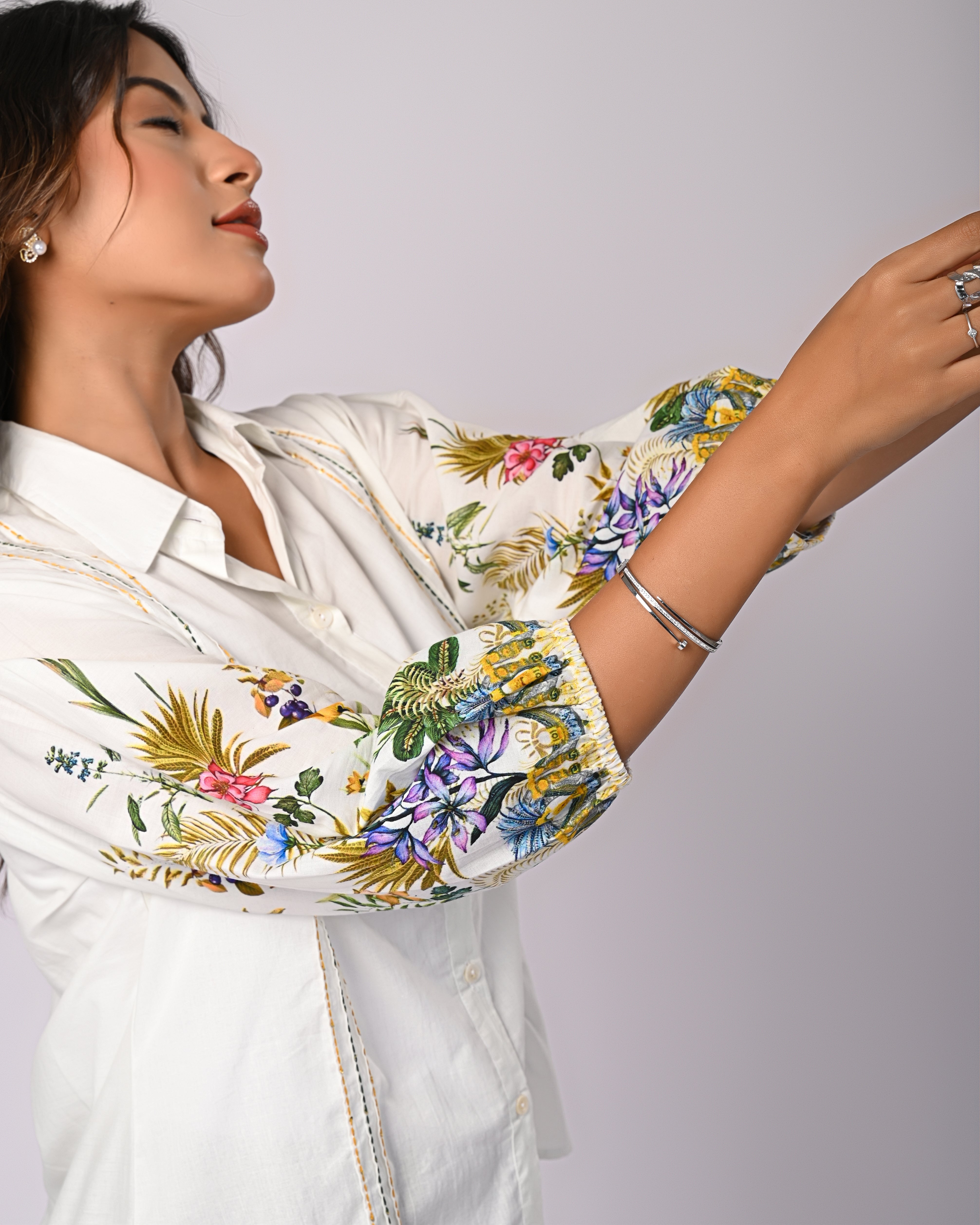 White Cotton Shirt with Multicolor Embroidered Balloon Sleeves