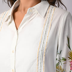 White Cotton Shirt with Multicolor Embroidered Balloon Sleeves