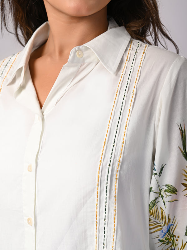 White Cotton Shirt with Multicolor Embroidered Balloon Sleeves