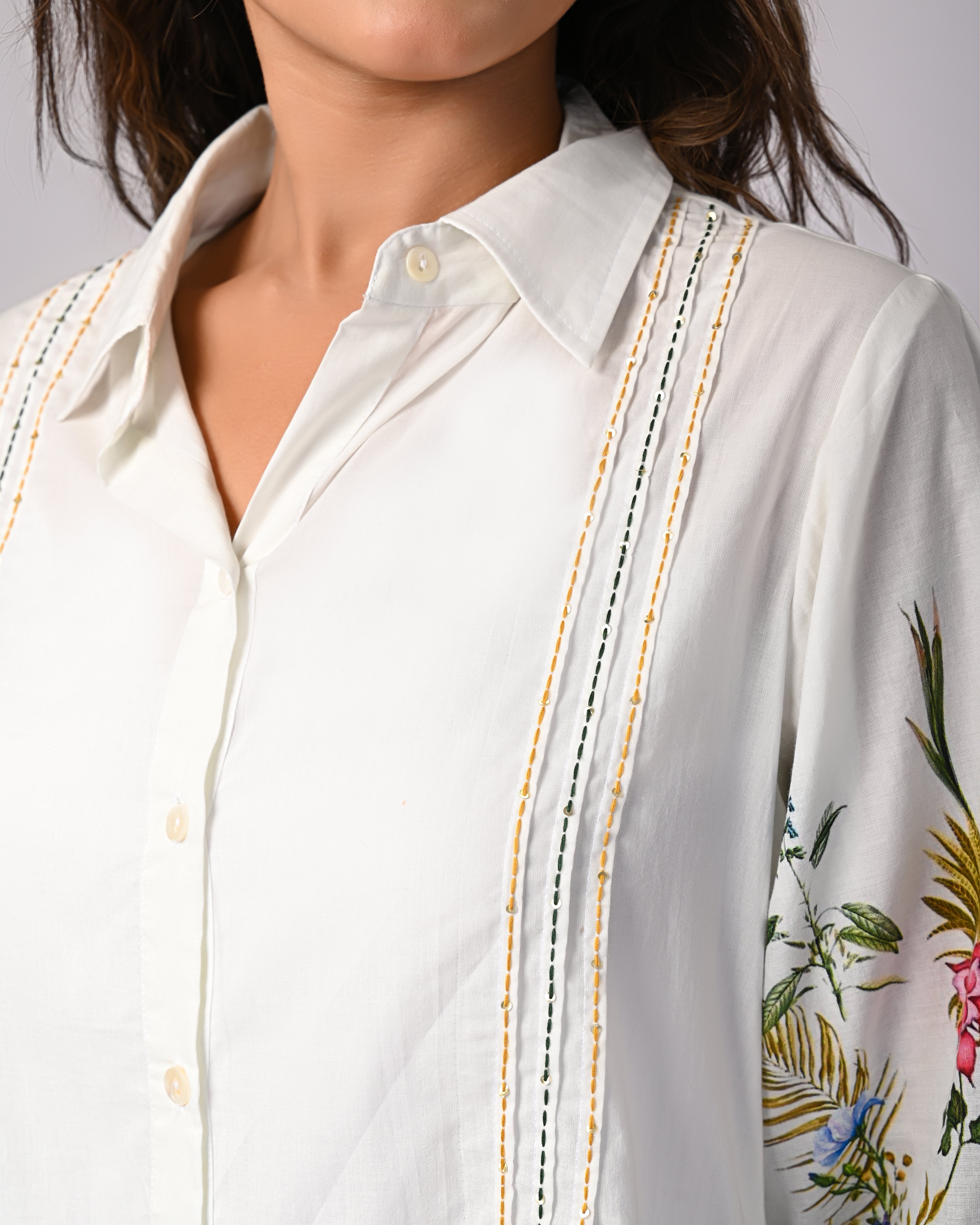 White Cotton Shirt with Multicolor Embroidered Balloon Sleeves