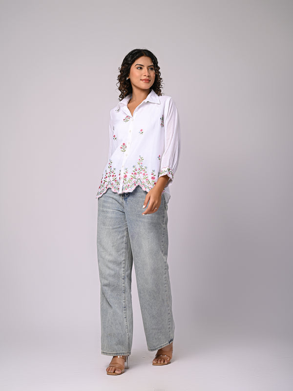 Floral Embroidered Button-Down Shirt