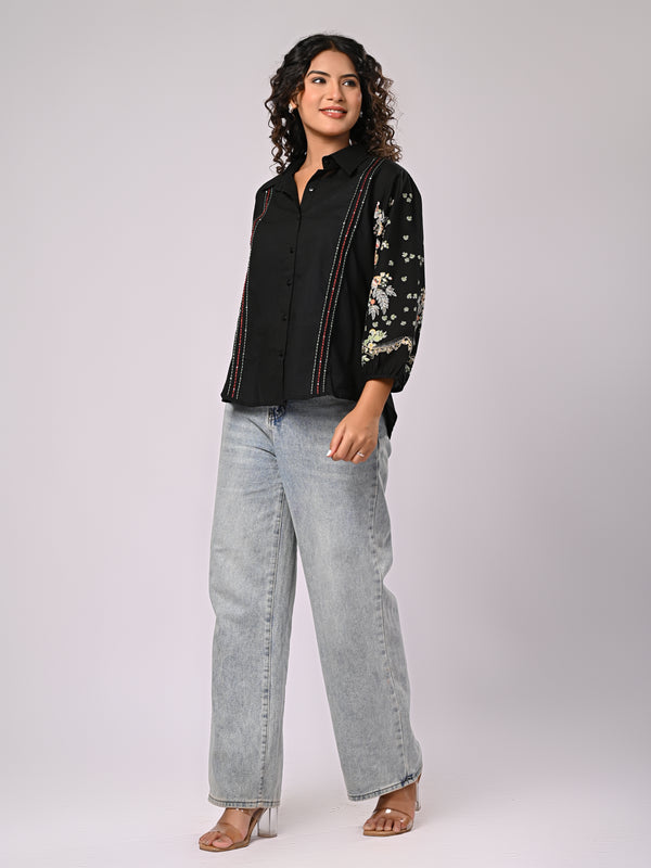 Black Handcrafted Embroidered Cotton Shirt