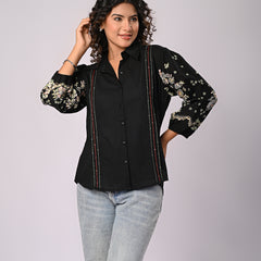 Black Handcrafted Embroidered Cotton Shirt