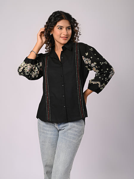 Black Handcrafted Embroidered Cotton Shirt
