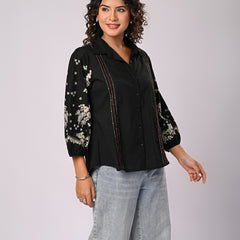 Black Handcrafted Embroidered Cotton Shirt