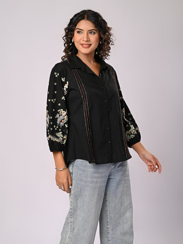 Black Handcrafted Embroidered Cotton Shirt