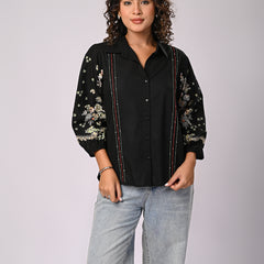 Black Handcrafted Embroidered Cotton Shirt