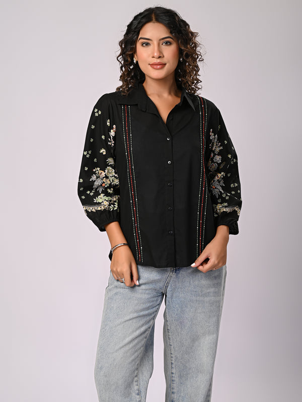 Black Handcrafted Embroidered Cotton Shirt
