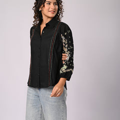 Black Handcrafted Embroidered Cotton Shirt