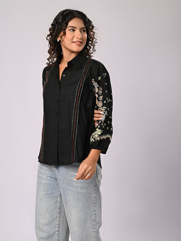 Black Handcrafted Embroidered Cotton Shirt