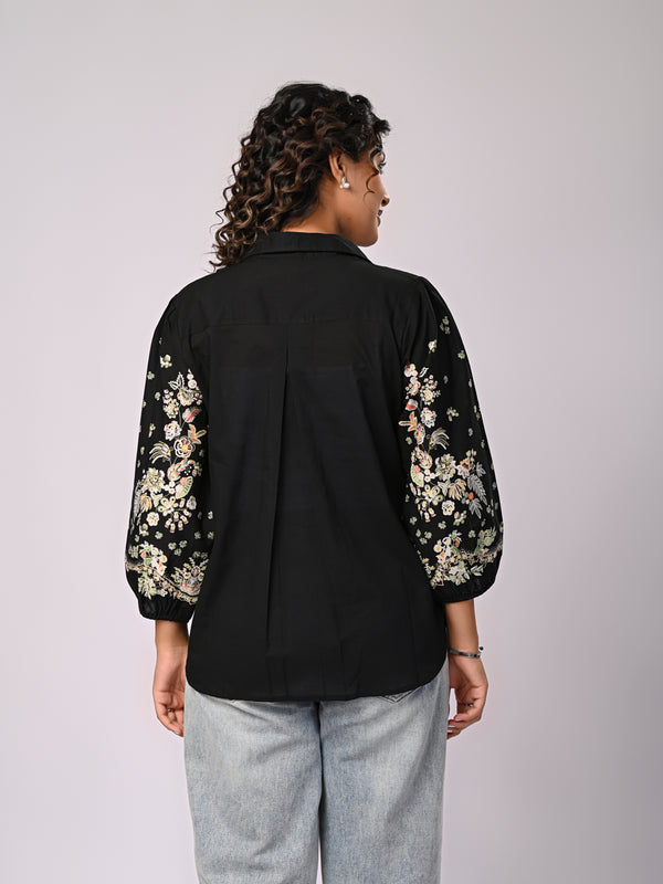 Black Handcrafted Embroidered Cotton Shirt
