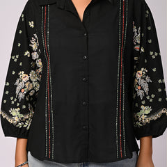 Black Handcrafted Embroidered Cotton Shirt