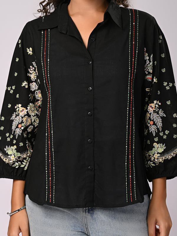 Black Handcrafted Embroidered Cotton Shirt