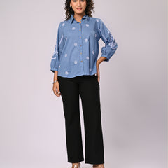 Sky Blue Handcrafted Embroidered Cotton Shirt with Statement Sleeves
