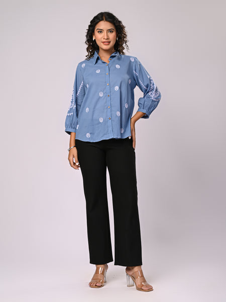 Sky Blue Handcrafted Embroidered Cotton Shirt with Statement Sleeves