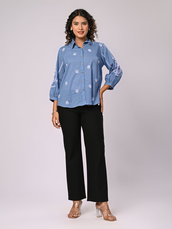 Sky Blue Handcrafted Embroidered Cotton Shirt with Statement Sleeves