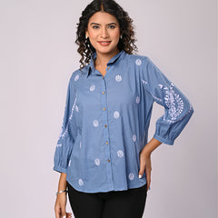 Sky Blue Handcrafted Embroidered Cotton Shirt with Statement Sleeves