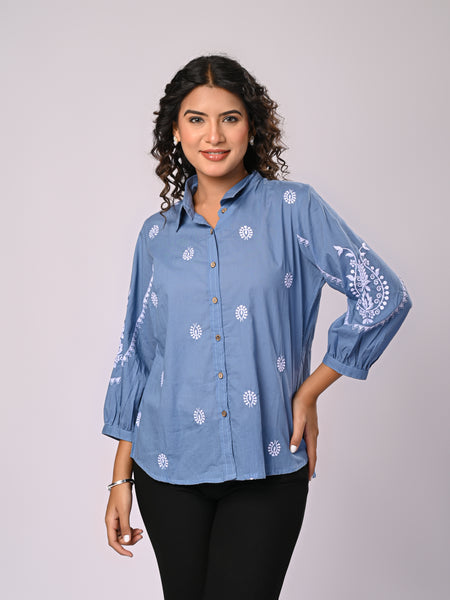 Sky Blue Handcrafted Embroidered Cotton Shirt with Statement Sleeves
