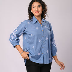 Sky Blue Handcrafted Embroidered Cotton Shirt with Statement Sleeves