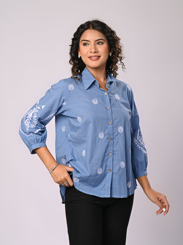 Sky Blue Handcrafted Embroidered Cotton Shirt with Statement Sleeves
