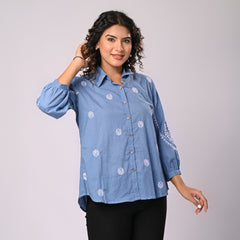 Sky Blue Handcrafted Embroidered Cotton Shirt with Statement Sleeves