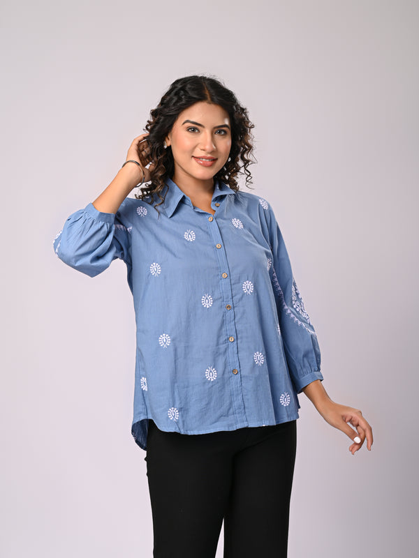 Sky Blue Handcrafted Embroidered Cotton Shirt with Statement Sleeves