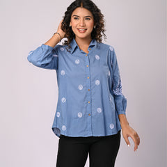 Sky Blue Handcrafted Embroidered Cotton Shirt with Statement Sleeves