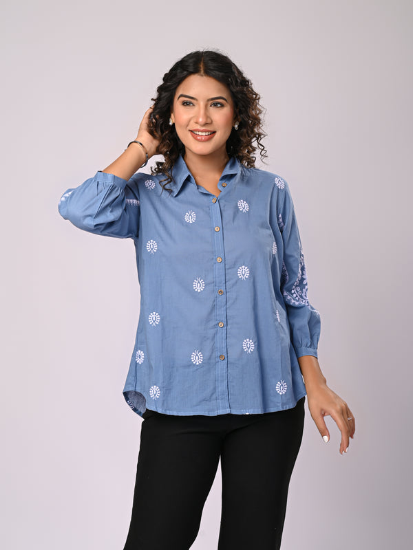 Sky Blue Handcrafted Embroidered Cotton Shirt with Statement Sleeves