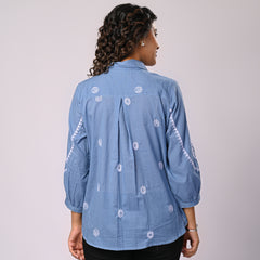 Sky Blue Handcrafted Embroidered Cotton Shirt with Statement Sleeves