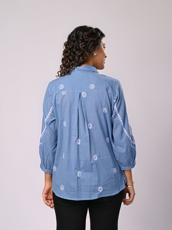 Sky Blue Handcrafted Embroidered Cotton Shirt with Statement Sleeves