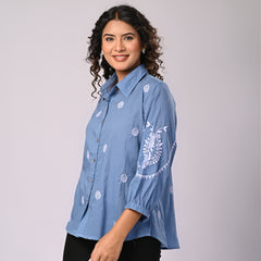 Sky Blue Handcrafted Embroidered Cotton Shirt with Statement Sleeves