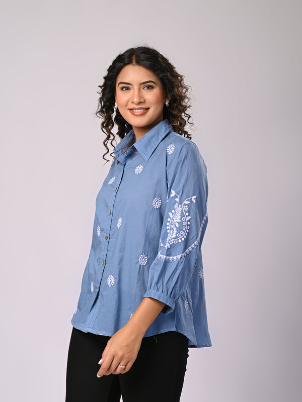 Sky Blue Handcrafted Embroidered Cotton Shirt with Statement Sleeves