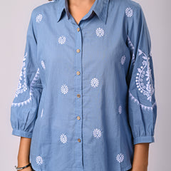 Sky Blue Handcrafted Embroidered Cotton Shirt with Statement Sleeves