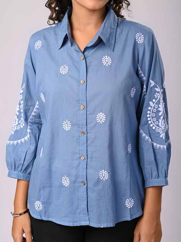 Sky Blue Handcrafted Embroidered Cotton Shirt with Statement Sleeves