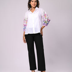 Women’s Casual White Shirt Top with Multicolor Embroidery