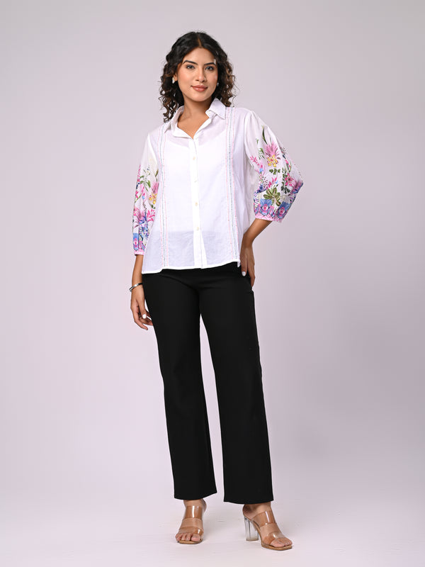 Women’s Casual White Shirt Top with Multicolor Embroidery