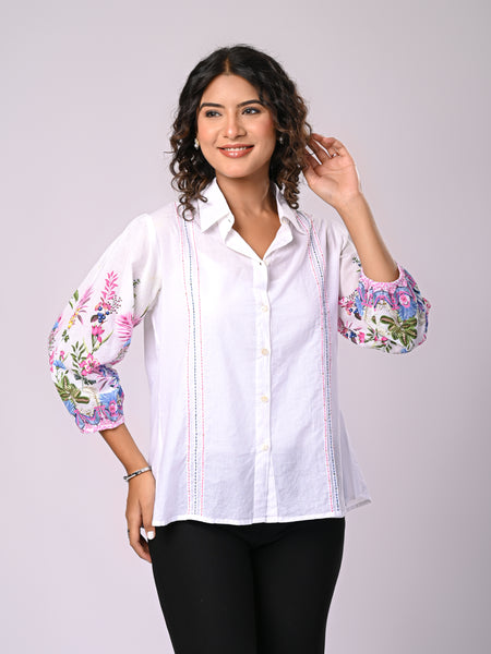 Women’s Casual White Shirt Top with Multicolor Embroidery