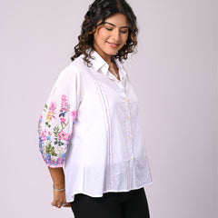 Women’s Casual White Shirt Top with Multicolor Embroidery