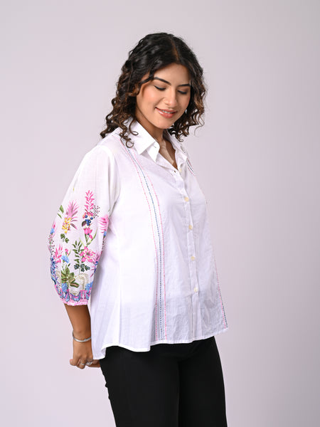 Women’s Casual White Shirt Top with Multicolor Embroidery