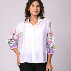Women’s Casual White Shirt Top with Multicolor Embroidery