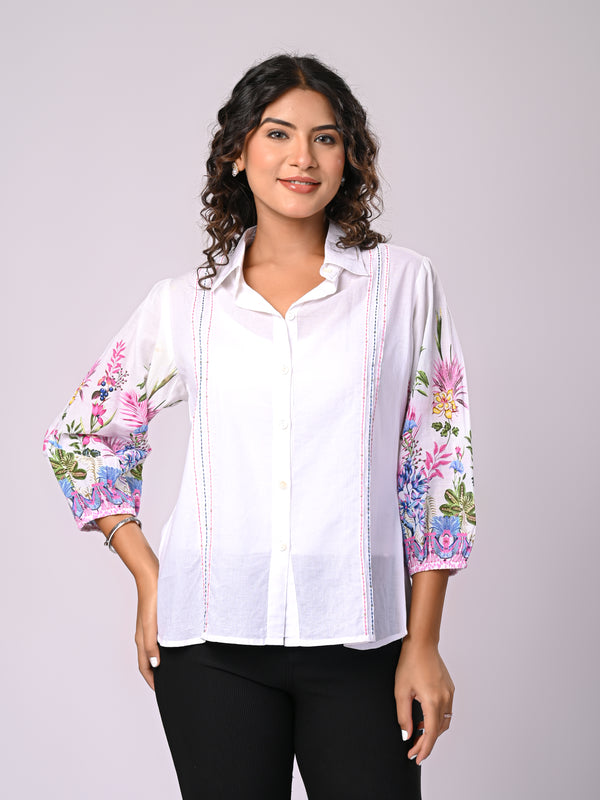 Women’s Casual White Shirt Top with Multicolor Embroidery