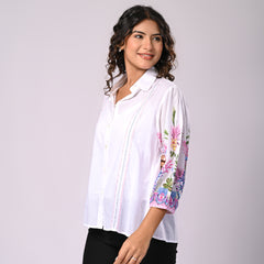 Women’s Casual White Shirt Top with Multicolor Embroidery